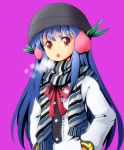  1girl adapted_costume blue_hair earmuffs food fruit hands_in_pockets hinanawi_tenshi long_hair looking_at_viewer open_mouth peach purple_background scarf simple_background solo touhou tsurukou_(tksymkw) 