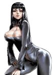  black_hair blunt_bangs bodysuit breasts cleavage cozy hime_cut leaning_forward leather lips original red_eyes solo 