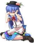  blush bow bowtie food_as_clothes hat hinanawi_tenshi kneeling long_hair mamo red_eyes sad simple_background sitting solo tears touhou wariza wink wiping_tears 