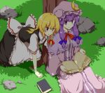  against_tree all_fours any_(artist) apron blue_eyes blush book bow braid capelet grass hair_bow hat kirisame_marisa large_bow light_smile long_hair multiple_girls no_hat no_headwear open_book patchouli_knowledge purple_eyes purple_hair reading ribbon shade touhou tree violet_eyes waist_apron yellow_eyes 