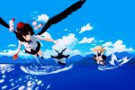  bird black_hair black_wings blonde_hair blue_eyes braid broom crow hat kirisame_marisa long_hair multiple_girls red_eyes shameimaru_aya short_hair tahoo tokin_hat touhou wings witch_hat 