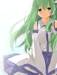  1girl blush detached_sleeves green_eyes green_hair head_tilt kochiya_sanae kurot long_hair smile solo touhou wind 