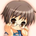   blush brown_eyes brown_hair chibi cute glasses nagato_yuki seifuku suzumiya_haruhi_no_yuuutsu  