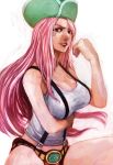  belt cleavage female hat jewelry_bonnie lack large_breasts long_hair midriff one_piece piercing pink_hair pirate realistic solo suspenders 