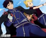  black_hair blonde_hair child edward_elric fullmetal_alchemist grin kl riza_hawkeye roy_mustang smile sweatdrop yellow_eyes 