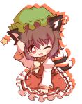 brown_hair cat_ears cat_tail chen chibi dress earrings hat jewelry multiple_tails nijiirosekai red_eyes solo star tail touhou 