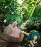  bad_id barefoot blue_eyes bucket cucumber feet forest girl_in_bucket green_eyes green_hair hair_bobbles hair_ornament hat hidebo in_bucket in_container kawashiro_nitori kisume multiple_girls nature short_hair swimsuit toes touhou twintails water 