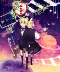  back-to-back bad_id blonde_hair bouquet flower formal hair_ornament hair_ribbon hairclip kagamine_len kagamine_rin mig_(36th_underground) planet railroad_tracks ribbon short_hair shorts siblings sign skirt socks suit suitcase twins vocaloid 