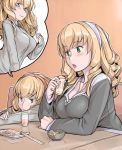  blonde_hair breast_envy breasts casual chopsticks cleavage drink food glass green_eyes hairband hina_ichigo large_breasts rozen_maiden rozenweapon siblings sisters staring_at_breasts sushi 