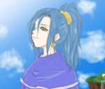  blue_hair chrono_trigger clouds earrings green_eyes kairajun long_hair ponytail schala_zeal sky 