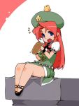  bad_id bird bird_on_head blue_eyes bread china_dress chinadress chinese_clothes dameyo eating food hat hong_meiling long_hair red_hair redhead sitting touhou 