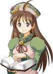  1girl atelier_(series) atelier_viorate_alchemist_of_gramnad_2 book brown_eyes brown_hair hat long_hair simple_background smile solo tsurukou_(tksymkw) viorate_platane 