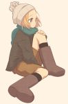  boots coat forehead hat highres hinata_(artist) knee_hug leg_hug magamoto original scarf sitting solo 