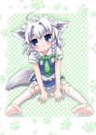  animal_ears blue_eyes braid dog_ears dog_tail feet inu_sakuya izayoi_sakuya kemonomimi_mode maid mayuge_inu short_hair silver_hair tail thigh-highs thighhighs touhou twin_braids 