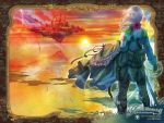  cloud clouds floating_island grass highres leaf light pink_hair scabbard sheath sky source_request sun sunset sword usuda_hiro water weapon 
