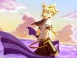  aida_ayako bad_id blonde_hair blue_eyes blush headphones headset kagamine_len looking_back male open_mouth scarf short_hair shorts sky solo vocaloid 