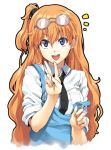  :d brown_hair glasses glasses_on_head hands long_hair necktie open_mouth original overalls runa shibashiba side_ponytail sleeves_rolled_up smile solo strap_slip v very_long_hair 