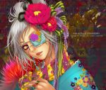  chisaki chisaki_(sorajik) eyepatch flower hair_flower hair_ornament hands jewelry makeup original ring silver_hair solo yellow_eyes 