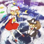  any_(artist) apron blonde_hair bobby_socks braid broom broom_riding flandre_scarlet flying from_above hat kirisame_marisa multiple_girls open_mouth ponytail red_eyes short_hair side_braid side_ponytail smile socks touhou waist_apron wings witch_hat yellow_eyes 