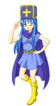  1girl blue_hair dragon_quest dragon_quest_iii hand_on_hip hat long_hair looking_at_viewer priest_(dq3) simple_background smile solo tsurukou_(tksymkw) white_background 