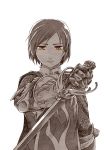  chainmail gauntlets medieval meiko monochrome short_hair simple_background solo spot_color sword taichi17 vocaloid watari_taichi weapon yellow_eyes 