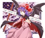  bat_wings blue_hair cape english fang fingernails foreshortening hat long_fingernails nail_polish open_mouth outstretched_arm red_eyes remilia_scarlet short_hair touhou wings 