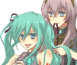  aqua_eyes aqua_hair bad_id blue_eyes braid hatsune_miku long_hair megurine_luka mitsu_(pixiv803777) mouth_hold multiple_girls nail_polish necktie pink_hair simple_background smile twintails vocaloid 