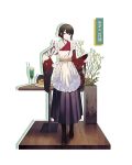  1girl apron boots brown_hair chinikuniku clipboard cream_soda flower_pot food frills hair_bun hakama hand_on_hip highres holding japanese_clothes kimono looking_to_the_side original pancake plant red_eyes solo table wa_maid wide_sleeves wooden_floor 