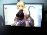  arm_warmers blonde_hair breasts cat_ears cat_tail computer erect_nipples fourth_wall green_eyes kemonomimi_mode large_breasts mizuhashi_parsee monitor ootsuki_wataru open_clothes scarf short_hair sleeveless tail through_screen touhou 