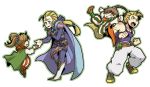  back_to_back black_mage blonde_hair blue_eyes boots brothers brown_hair cape closed_eyes crossover edgar_roni_figaro final_fantasy final_fantasy_iv final_fantasy_vi grin hair_ribbon hand_holding holding_hands long_hair mash_rene_figaro nekoichi open_mouth palom ponytail porom ribbon siblings smile twins white_mage wristband 