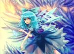  blue_hair bow cirno dress fatherland2009 hair_bow ice open_mouth short_hair smile teenage touhou wavy_hair wings 
