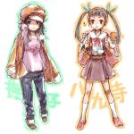  2girls ameiro bakemonogatari black_hair brown_eyes cabbie_hat cape_jacket coat face hachikuji_mayoi hat legs monogatari_(series) multiple_girls rough sengoku_nadeko skirt twintails 