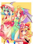 bat_wings blonde_hair blue_hair blush braid china_dress chinadress chinese_clothes clenched_hand flandre_scarlet gradient_hair green_hair hat hong_meiling long_hair multicolored_hair outstretched_arm ponytail red_eyes red_hair redhead remilia_scarlet shiwasu_horio short_hair side_ponytail side_slit simple_background smile touhou twin_braids wings wink wrist_cuffs 