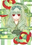 bad_id bamboo blush bow camellia_(flower) egasumi flower green_hair hair_bow japanese_clothes kimono original red_eyes smile solo tamarashi 