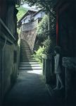  alley barefoot building chiki_(artist) child dark flat_chest pale_skin scenery shadow solo stairs tree wall 