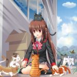  box brown_hair butterfly cat d2c flower little_busters! little_busters!! long_hair lowres natsume_rin plaid plaid_skirt ponytail red_eyes school_uniform skirt solo tartan too_many_cats 