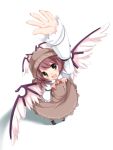  arm_up brown_eyes foreshortening from_above hands hat highres mystia_lorelei open_mouth outstretched_arm outstretched_hand pink_hair ribbon short_hair shouji_ayumu smile syouji_ayumu touhou waving wings 