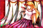 awa_toka blonde_hair chain chains horn horns hoshiguma_yuugi long_hair long_skirt red_eyes skirt solo touhou