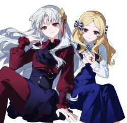  2girls ascot blonde_hair bow chinese_commentary command_spell commentary_request dress fate/strange_fake fate_(series) feet_out_of_frame fillia_(fate) flower hair_bow hair_ornament haruri_borzak highres long_hair long_sleeves multiple_girls nisu_lingyu_da_shenjing pantyhose red_eyes shirt simple_background sitting skirt violet_eyes white_background white_hair 