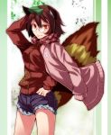  1girl animal_ears brown_hair contemporary denim denim_shorts futatsuiwa_mamizou glasses highres jacket jacket_on_shoulders leaf leaf_on_head looking_at_viewer pince-nez raccoon_ears raccoon_tail red_eyes s-syogo short_hair shorts smile solo tail touhou 