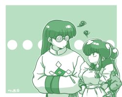  1boy 1girl apron bell bow chinese_clothes coke-bottle_glasses commentary_request glasses green_background hair_bell hair_bow hair_ornament hands_on_own_hips long_hair maid_apron monochrome mousse_(ranma_1/2) ranma_1/2 shampoo_(ranma_1/2) sidelocks simple_background sleeves_past_fingers sleeves_past_wrists wanta_(futoshi) wide_sleeves 