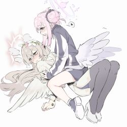  2girls black_buruma blue_archive blush brown_eyes brown_hair buruma dress feathered_wings flower girl_on_top gym_uniform hair_bun hair_flower hair_ornament halo heart high_heels highres jacket looking_at_another looking_to_the_side low_wings mika_(blue_archive) mika_(track)_(blue_archive) multiple_girls nagisa_(blue_archive) pink_hair pink_halo red_halo shoes sp1nosaur spoken_heart track_jacket white_dress white_shoes white_wings wings yuri 