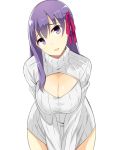  1girl breasts cleavage_cutout fate/stay_night fate_(series) hair_ribbon long_hair looking_at_viewer matou_sakura open-chest_sweater purple_hair q_(a72pgc) ribbed_sweater ribbon simple_background solo sweater turtleneck violet_eyes white_background 