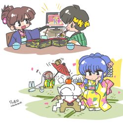  1boy 3girls artist_name bandana bird black_hair brown_hair chibi chopsticks cologne_(ranma_1/2) commentary_request controller double_bun duck eating food fruit glasses grey_hair hair_bun hibiki_ryouga holding holding_chopsticks japanese_clothes kimono kuonji_ukyou mousse_(duck)_(ranma_1/2) multiple_girls open_mouth orange_(fruit) purple_hair ranma_1/2 remote_control shampoo shampoo_(ranma_1/2) smile television wanta_(futoshi) watching_television wide_sleeves yukata 