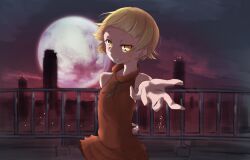  1girl bare_shoulders blonde_hair bunoshii city commentary_request dress highres kiss-shot_acerola-orion_heart-under-blade kiss-shot_acerola-orion_heart-under-blade_(small) looking_at_viewer monogatari_(series) moon night orange_dress oshino_shinobu outdoors short_hair sky sleeveless smile solo vampire yellow_eyes 