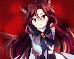  1girl animal_ears bent_over brooch brown_hair bust fang imaizumi_kagerou jewelry long_hair long_sleeves looking_at_viewer red_eyes shirt solo tail touhou uranaishi_(miraura) v_arms very_long_hair wide_sleeves wolf_ears wolf_tail 