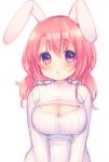  1girl animal_ears blush breasts cleavage cleavage_cutout large_breasts looking_at_viewer low_twintails open-chest_sweater original rabbit_ears red_eyes redhead ribbed_sweater sakura_(mani) simple_background sketch solo sweater turtleneck twintails usashiro_mani white_background 