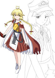  2others absurdres adoptive_siblings androgynous anime_coloring antenna_hair armor badge bare_arms bare_shoulders belt black_belt blonde_hair blunt_bangs bow bow_(weapon) braid breastplate brooch cape closed_mouth collared_shirt commentary_request cowboy_shot detached_sleeves determined dot_nose eyes_visible_through_hair fujiwara_no_shirogane_no_sanra hair_between_eyes hair_bow hakama hakama_short_skirt hakama_skirt hat heart_antenna_hair highres holding holding_bow_(weapon) holding_weapon japanese_clothes jewelry kimono kurokoge_karubi len'en long_hair looking_at_viewer low_twin_braids military_hat military_uniform multiple_others neck_ribbon ooama_no_ake_no_mitori other_focus pagoda parted_bangs peaked_cap pointy_nose print_headwear print_tabard projected_inset red_bow red_cape red_hakama red_kimono red_sleeves ribbon ribbon-trimmed_socks ribbon_trim shirt shirt_under_dress short_kimono short_sleeves simple_background skirt sleeveless sleeveless_kimono smirk smug socks standing star_(symbol) tabard tsurime twin_braids two-sided_cape two-sided_fabric v-neck very_long_hair weapon white_background white_cape white_socks white_tabard wing_print yellow_eyes yin_yang yin_yang_print 