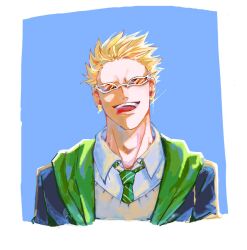  1boy black_robe blonde_hair blue_background collared_shirt commentary_request cropped_shoulders diagonal-striped_clothes diagonal-striped_necktie donquixote_doflamingo earrings grey_vest highres hogwarts_school_uniform jewelry male_focus mistd_dmofmof necktie one_piece open_mouth portrait robe school_uniform shirt short_hair slytherin sparkle striped_clothes sunglasses teeth tongue tongue_out upper_teeth_only vest white_shirt wizarding_world 