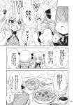  2girls :d bread chestnut_mouth comic dress drill_hair food fork hat highres hirasaka_makoto luna_child multiple_girls open_mouth short_hair smile soup sparkle spoon sunny_milk touhou translated wings 